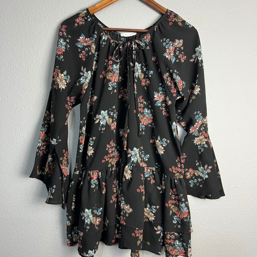 Altar'd State Tiered Peplum Floral Print Tunic Bell Sleeve V Neck Tie Neck Lg